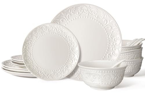 Wareland Juego de platos y cuencos – Juego de vajilla de cerámica de 16 piezas para 4, juego de platos blancos en relieve, juego de vajilla de porcelana para cocina, apto para lavavajillas y