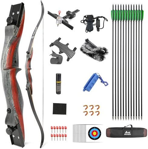 Poearcus Bogenschießen Recurve-Bogen und Pfeil-Set 62-Zoll-Takedown-Jagdbogen für Erwachsene Ziel Praxis Wettbewerb Holz Recurve-Bogen und Pfeil-Kit 20-50 Lbs (30 Ibs)