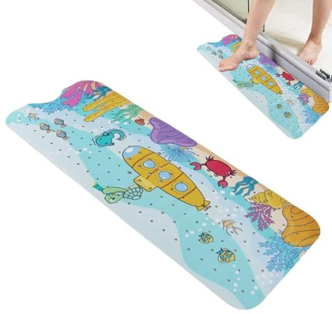 Alfombra de baño para bebé antideslizante, alfombra de baño para bañera extralarga para diseño de dibujos animados, alfombra de bañera para lavar a máquina de 40 x 16 pulgadas con agujeros de drenaje