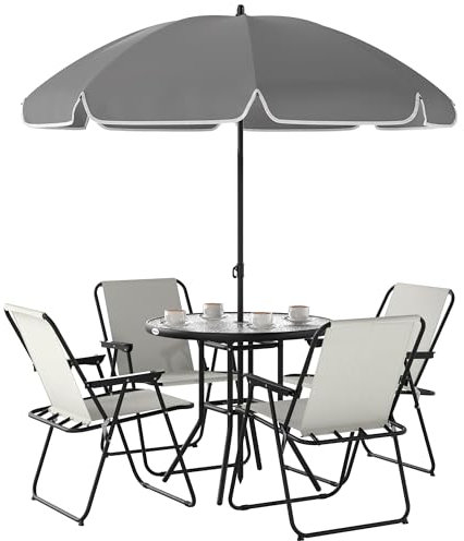 Outsunny Conjunto de Mesa y Sillas Jardín de 6 Piezas Muebles de Jardín Exterior con 4 Sillas Plegables Mesa de Vidrio y Sombrilla para Terraza Patio Crema