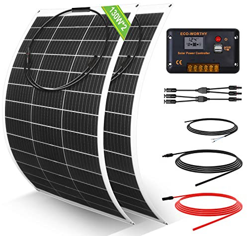 ECO-WORTHY 260Watt 12Volt Flexible Solar Panel Kit for Off Grid Home RV, Boat and Uneven Surfaces:2pcs 130W Mono Solar Panel + 30A 12V Charger Controller + Solar Cable + Tray Cable + Y Branch