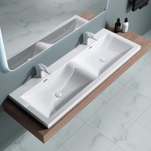 doporro Double Lavabo Vasque à Encastrer 144 cm Blanc Lave Mains Rectangulaire en Solid Surface pour Salle de Bains 144x48x12 cm Colossum03