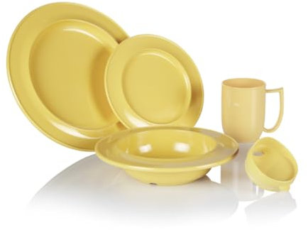 Dementia Friendly Unbreakable Dining Place Set - 18cm Plate, 25cm Plate, Desert/Soup Bowl and an Unbreakable Mug with Feeding Lid. (Yellow)