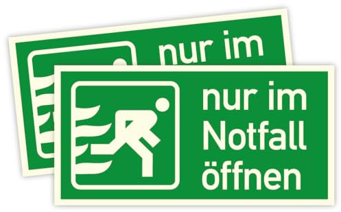 2 Stück – Aufkleber Notausgang Fluchtweg „Nur im Notfall öffnen“ Zusatzzeichen Premium Folie langnachleuchtend | 148 x 74 mm Made in Germany