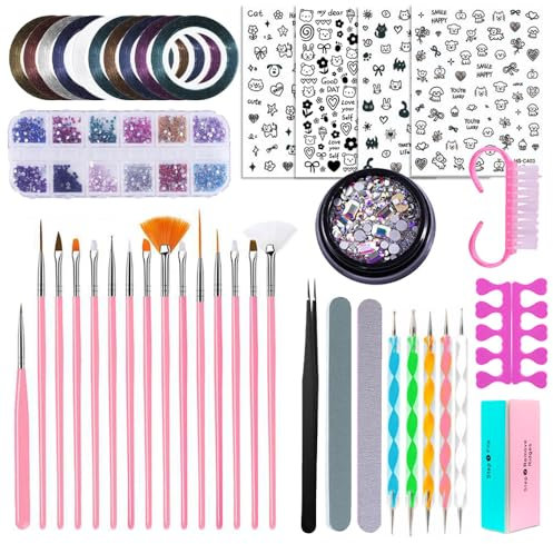 Nail Art kit Accessories, Nail Art Brushes Set with Dotting Tool Striping Tape Crystals Holographic Sequins and 4 pcs Stickers, Professional NailKit for Beginners Teenage Girls