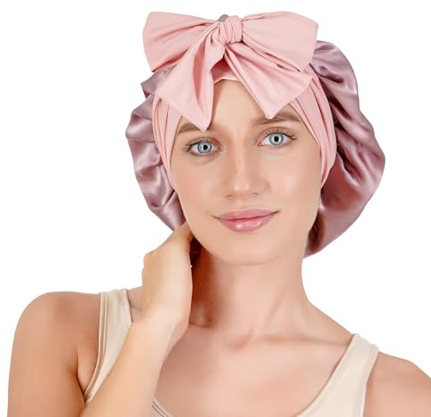 Bonnet de sommeil en soie 100 % soie de mûrier – 22 mommes, doux, respirant, double couche, parfait pour les cheveux longs et bouclés – bandeau large, rose poudré