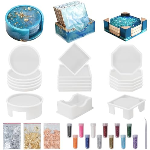 VirtuGro 18Pcs Resin Coaster Moulds Epoxy Resin Moulds Silicone Moulds for Resin Casting, Round Square Octagon Coaster Moulds with Holder, Gold Foils, Tweezers for DIY Cup Mats Art Crafts