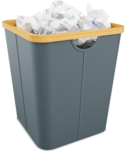 Vireon Papierkorb Büro aus Bambus - Mülleimer Büro aus Oxford-Stoff - Papiermülleimer Eckig - Papiereimer Grau Abfalleimer Büro - für Homeoffice/Arbeitszimmer/Schreibtischbereich