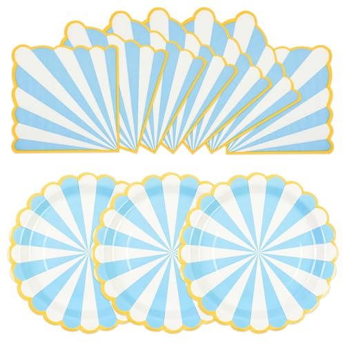EVYIENEN 50PCS Blue Birthday Party Paper Plates and Napkins,7 Inch Disopsable Striped Dessert Plates,Scalloped Gold Foil Edge Dinnerware Party Supplies for Birthday,Baby Showers,Girls Parties