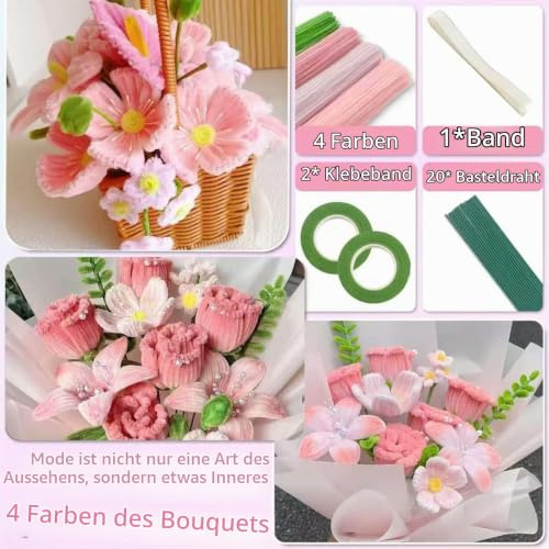 Pfeifenreiniger Blumen Set 400 Stück Pfeifenputzer zum basteln Blumen 4 Farben Pfeifenreiniger zum Basteln mit 20 Stück Grün Basteldraht, 2 Klebebandrollen, Geschenkband(Rosa)