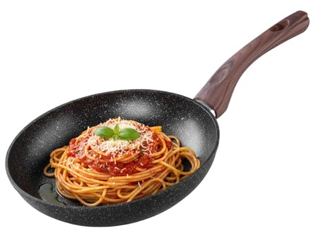 MAGIC HOME Pfanne 26 cm INDUKTION | Große Beschichtete Bratpfanne | Marmor Antihaft | Induktionspfanne für Alle Herdarten, Induktionsherd | Pan mit Ergonomischer Griff in Holzoptik | Black Marble Line