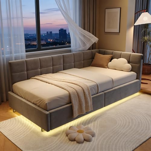 BRILVERDE Einzelbett 90x200 mit Stauraum, Polsterbett mit LED/USB, Bettgestell mit Lattenrost und kopfteil, Bettrahmen für Jugendliche, Samt (Grau, 90 x 200 cm)