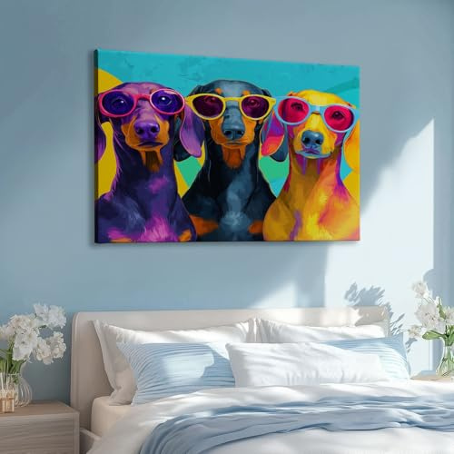 Wandbilder Leinwand 90 x 60 cm Groß Wanddeko Schlafzimmer Kunstdruck - Aesthetic Leinwandbilder Wohnzimmer Gemälde Foto Geschenk Living Room Decoration Cartoon Tier Bunte Augen Dackel