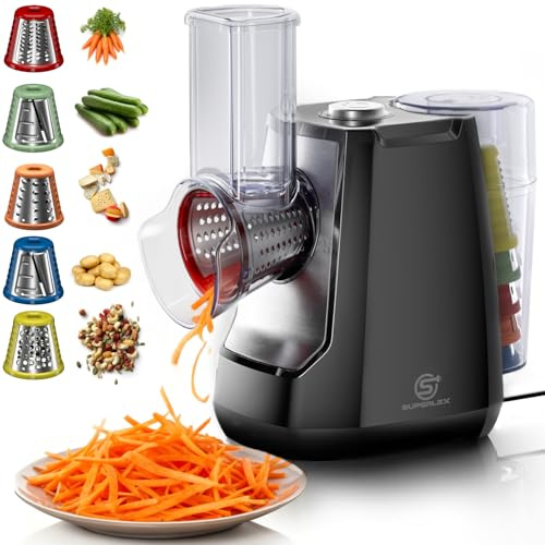 SUPERLEX Rallador de Verduras Eléctrico 5-en-1 Rallador de Verduras con 5 Cuchillas de Tambor Intercambiables Rallador Eléctrico y Picadora para Frutas, Verduras, Queso, Frutas, Nueces, Zanahorias