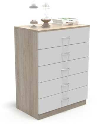 DORMIDAN - Cómoda 5 cajones guías metálicas, habitación Dormitorio, Armario con cajoneras. (Roble cajones Blancos)