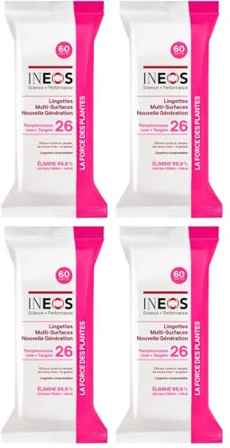 INEOS Hygienics Lingettes Multi-Surfaces, Compostables, Efficace Contre La Graisse Et Le Calcaire, Elimine 99.9% Des Virus Et Des Bactéries, Parfum Pamplemousse Rose et Tangelo x60 (Lot de 4)