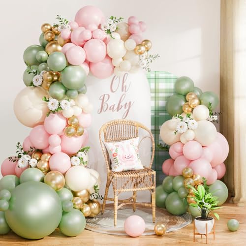 Kit Arche Ballon Rose Vert Sauge, 115pcs Kit Ballons Anniversaire Avec Ballon Vert Sauge Ballons Rose Pastel, pour Deco Baby Shower, Happy Birthday, Decoration Bapteme Fille, Mariage, Fiancailles