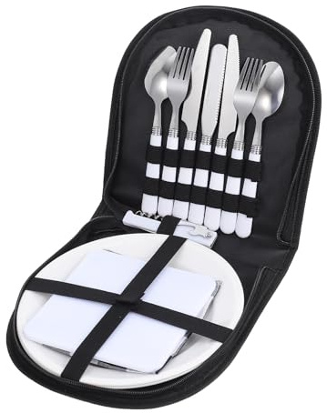 DEARMAMY Ensemble de Couverts de Camping Inox 4 Personnes Noir, Kit Vaisselle Portable Réutilisable, Cuillère Fourchette pour Pique-niques, et Barbecue en Plein Air