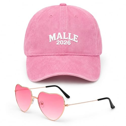 PIujsym 2er Set Malle Outfit Damen Kappe & Herz Sonnenbrille, Perfektes Mallorca Party Outfit für Sommer Strand Urlaub (Rosa)
