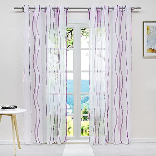 ESLIR Gardinen mit Ösen Vorhänge Gardinenschals Transparent Schlaufenschal Wellen Muster Voile Violett BxH 140x145cm 1 Stück