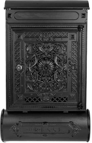 HMF 512-02 Briefkasten Antik mit Zeitungsfach, Vintage Postkasten aus Aluguss | 57 x 35 x 10 cm | Schwarz