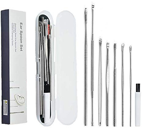 Nettoyeur D'oreille, 8 Pcs Cuillère à Oreille en Acier Inoxydable, Kit de Nettoyeur D'oreilles, Curette Oreille Kit, Ear Wax Cleaner Kit pour Famille
