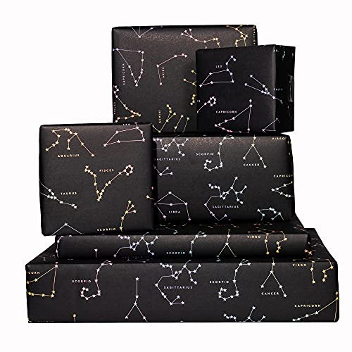 Central 23 – Schwarzes Geschenkpapier für Geburtstag – 6 Blatt Geschenkpapier – Sternbilder – Sternzeichen – Magie – Geschenkpapier für Mädchen, Jungen, Frauen, Männer