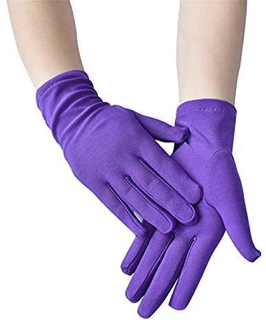Glücksvogel Handschuhe Damen Kurz Satin Handschuhe 1920s Handschuhe Elastisch Opera Fest Handschuhe Kostüm Handschuhe Erwachsene Größe Ellenbogen bis Handgelenk Länge 22cm (Lila, One Size)
