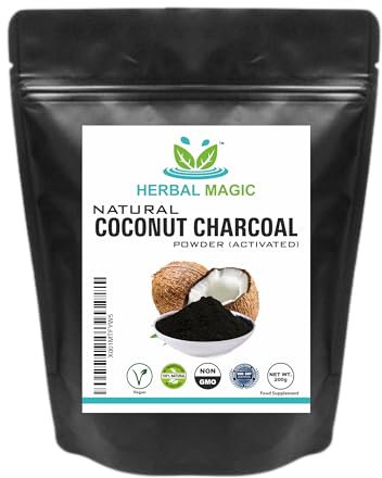 Herbal Magic Activated Coconut Charcoal Powder Food Grade Quality Excellent Detoxifying, Cleansing Properties Naturally Supports Skin, Body Care & Oral Care,UKAS LAB Tested in The UK-200g (Pack of 1)