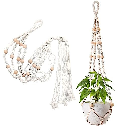 Plant Hangers, 2 Pack Macrame Plant Hanger, Indoor Hanging Planter Basket, Flower Pot Holder Cotton Rope, 100cm with Beads Tassels for Indoor Outdoor, Wall Hanging Plants, Office, Home Decoration