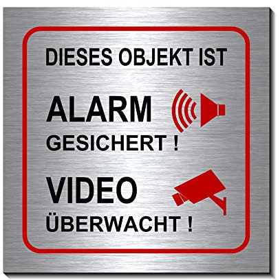 Objekt ist Alarm-Video-überwacht-100 x 100 x 3 mm-Schild-Alu. Edelstahloptik silber mattgebürstet-Warnschild-Videoschild-Hinweisschild (1910-112 = 10 x 10 cm selbstklebend)