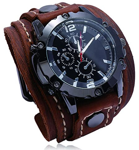 ZFSBRTL Herren Lederuhr, Nordic Vintage Gravur Quarzuhr Wikinger Armband | 1. Jahrestag Geschenk, Geburtstagsgeschenk | Steampunk Biker Schmuck,Braun