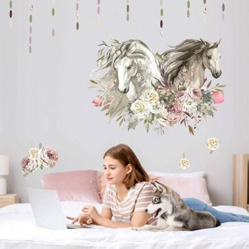 INSPIO Wandtattoo Pferden & Blumen Wandaufkleber Mädchenzimmer Tiere Wildpferd Wandsticker für Teenager