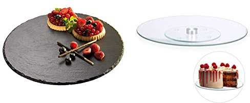 APS 975 Drehbarer Schiefer Tortenständer mit Anti-Rutsch-Füßen, Ø 32 x 2,5 cm & Relaxdays Tortenplatte, 360º drehbar, ∅ 30 cm, zum Servieren & Dekorieren, Kuchen, runder Drehteller, transparent