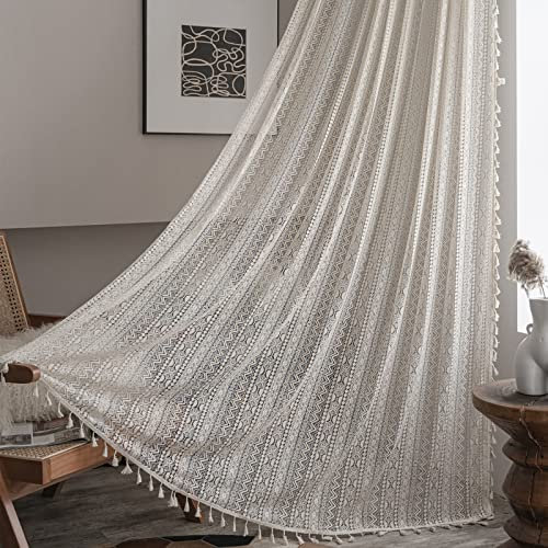 Sutuo Home gehäkelte Boho-Vorhänge ca. 160 cm lang, transparente Spitze, handgefertigte Quasten, gestrickt, Fensterdekoration, Vintage, rustikal, Boho-Stil, Landhaus-Vorhang für Schlafzimmer
