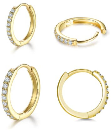 2 Paar Creolen Silber Ohrringe für Damen, klein Ohrringe Set mit Zirkonia, 925 Silber Vergoldet Kreolen Hypoallergen Klein Schlafen Kreolen Gold 10mm/12mm