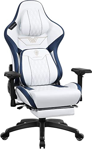 Dowinx Silla Gaming con Reposabrazos 4D, Silla Ergonómica para Gamer con Reposapiés, Silla de Oficina de Piel Sintética, Cómodo Soporte Lumbar Grande y Alto, Sillón para Gaming,180kg,Blanco