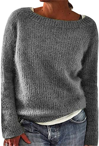Pull Grosse Maille Femme Pull Tricot Oversize Femme Pullover Pull Tricoté Ample Torsade Femme Grande Taille Hiver Pulls Pull-Over Torsadé Manche Longue Chaud Vintage Large Doux Sweater Femme Col Rond