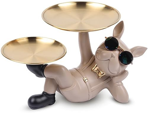Deko Skulptur Bulldogge, Schlüsselschale Modern Schwarz, Schlüsselablage Flur, Deko Figuren Wohnzimmer, Hundefigur Deko, Französische Bulldogge Aufbewahrung für Flurdeko und Wohnzimmer (Braun -2)
