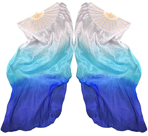Hayaww 1 Paar FäCherschleier Bauchtanz, Lange FäCher Bauchtanz Fans SchleierfäCher Schleier Bambus-FäCherschleier Bauchtanz Schleier Lang Bambus Fan Zum Tanzen,1.8m,FüR Auftritte,Proben (Verlauf Blau)