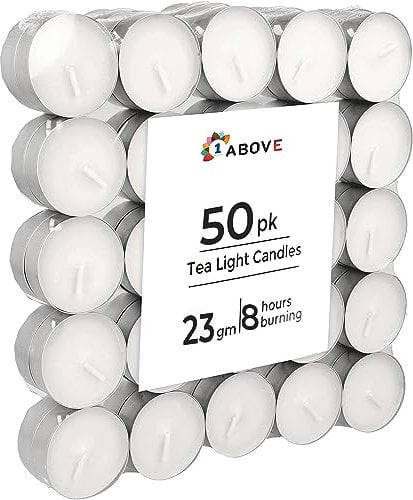 1ABOVE 50 Pack 8 Hour Long Burning Unscented Tea Light Candles, Long Lasting, Cotton Wicks Ideal for Weddings, Birthdays, Parties, Restaurants, Massage Parlors, Spa
