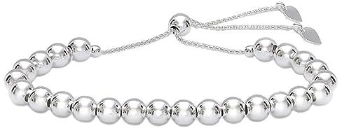 Hatton Jewellery Sterling Silver Bracelet for Women. Adjustable slider style bracelet with 6mm Silver Balls with heart tags. Made in Italy and Gift boxed