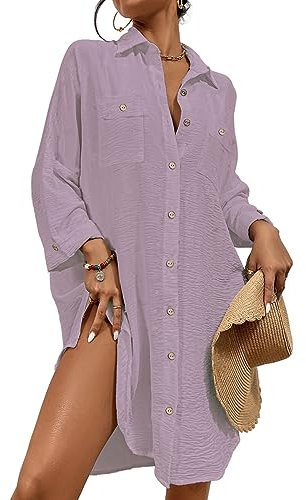 Bsubseach Femme Maillot De Bain Cover Up Robe Chemise De Plage Bouton Down Piscine Coverups pour Maillots De Bain Violet M