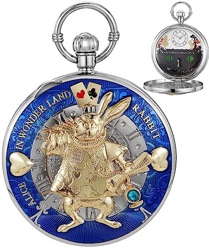 Tiong Alice im Wunderland Taschenuhr Spieluhr Spieluhr mit Handkurbel Musik Uhr mit Kette Geburtstag Abschluss Geschenke, 45-Blau, Klassisch