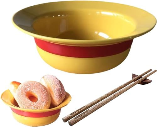 FIYSON Funny Anime Straw Hat Bowl, 500 ml Ceramic Ramen Bowl with Chopsticks, Funny Salad Bowls, Feeding Bowls Containers, Pasta Bowls, Soup Bowl Set for Anime Fans, Gift (Style 1)