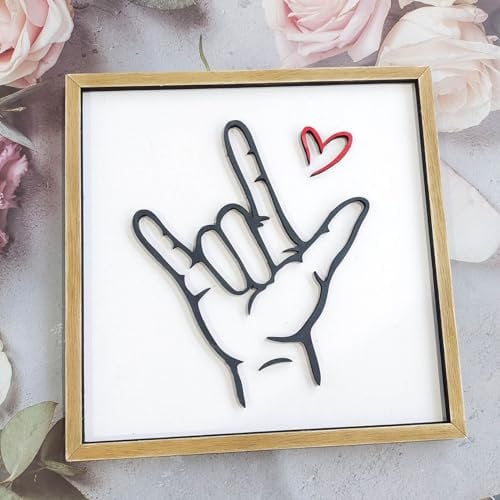 PANGHUBO Wooden Sign of Love Language Decoration | I Love You The Language of Signs | Woode Sign with Wooden Frame, Hand Symbol Designed by Rustic Wooden Wall Decorations (A)