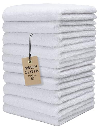 Textila Terry Wash Cloths – Pack of 10, White, 12x12 Inches – Soft, Absorbent & Multipurpose Cotton Washcloths for Face, Hand, Bath, Kitchen, Spa, Gym & Hotel Use