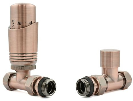 Hot Flow Antique Copper Cascade Straight Modern TRV Thermostatic Radiator Valve (Pair) Includes TRV Body & One Lock Shield for Quick & Easy Temperature Control. Perfect for Energy Saving.