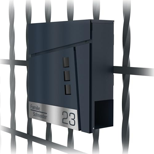 Graviers Design Cassetta delle lettere in antracite RAL 7016 con supporto per recinzione, cassetta postale personalizzata in acciaio inox, numero civico, incisione laser, con serratura scomparto per
