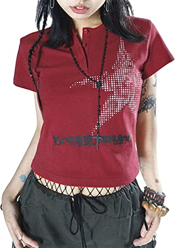 Yassiglia Women Y2K Vintage Graphic Tops Summer Short Sleeve Crew Neck Shirt Goth Punk Crop Top Slim Fit Baby Tees Grunge Aesthetic Clothes for Girls